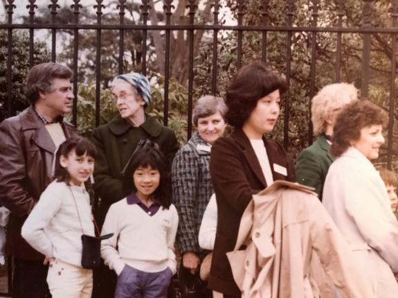 Sr. Mary Josepha talks with a friend outside Old St. Patrick's Church in NYC (back row, 2nd from the left).