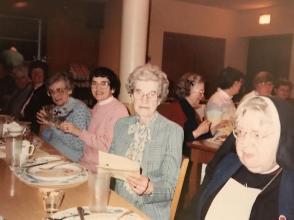 Sr. Mary Josepha (2nd from the right) at the Good Counsel Sisters' dining room.