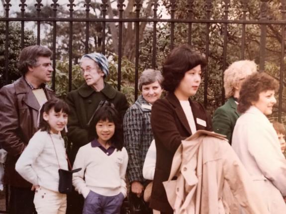 Sr. Mary Josepha talks with a friend outside Old St. Patrick's Church in NYC (back row, 2nd from the left).