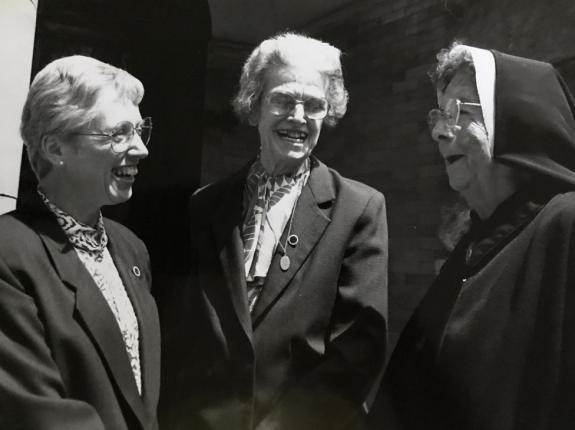 Sr. Mary Josepha on the steps of the Chapel of the Divine Compassion. Alice Feeley, RDC is on the left and Maet Mercedes, RDC is on the right.