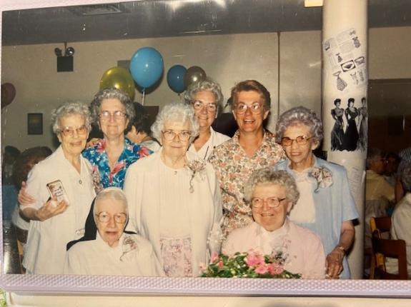 Mother Mary Ethelburge (seated, right) with Srs. Bernard, Pat Hannan, Helena, Helen Coldrick, Mary Munsch and Margaret Mary (standing) and Sr. Gonzaga (seated, left)