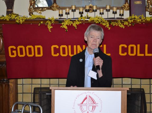 Sr. Mary Beth speaking at a GCC reunion